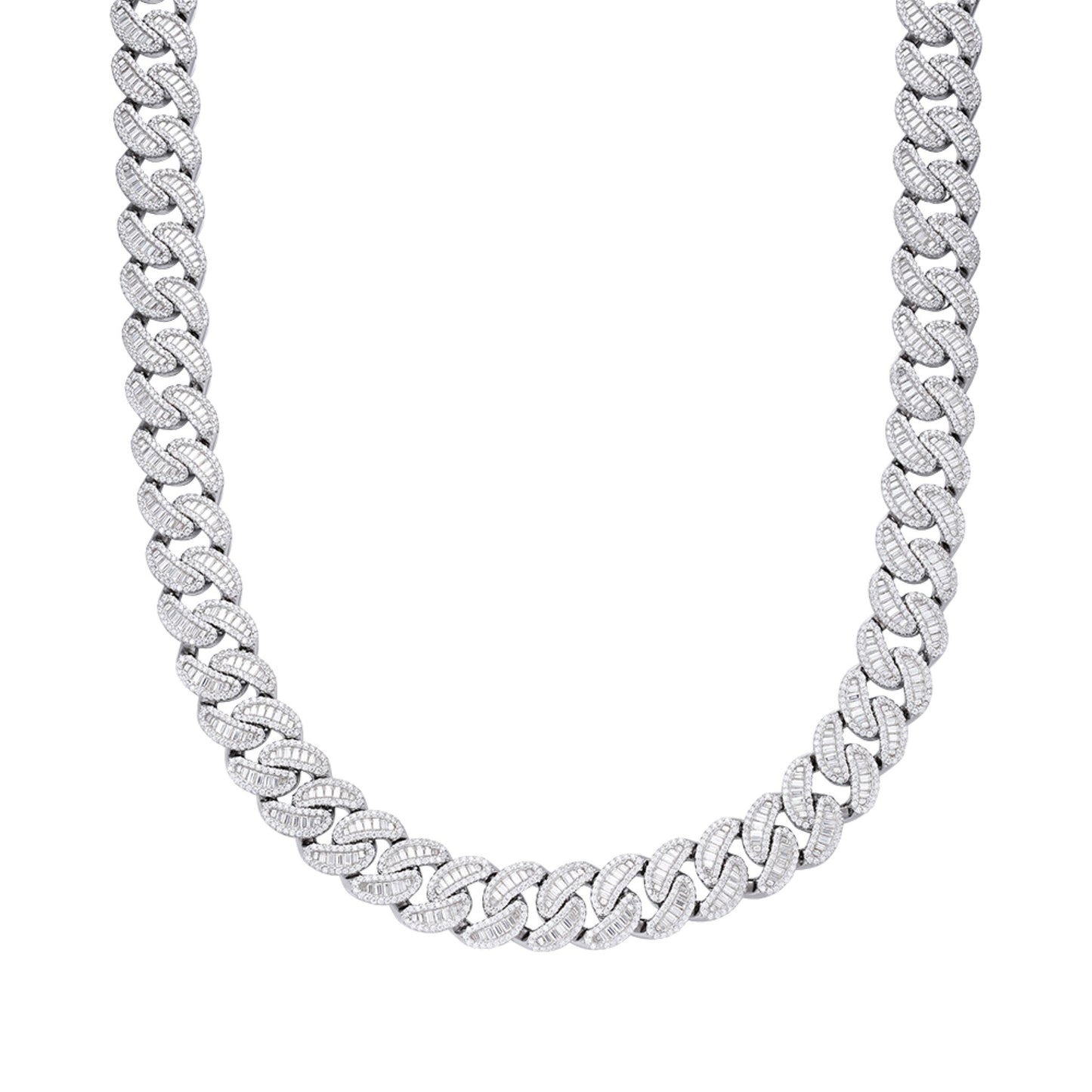 Sterling Silver Round 15mm Moissanite Round and Baguette in Centre Cuban 22 Inch Necklace RP 40-1/5 Cttw
