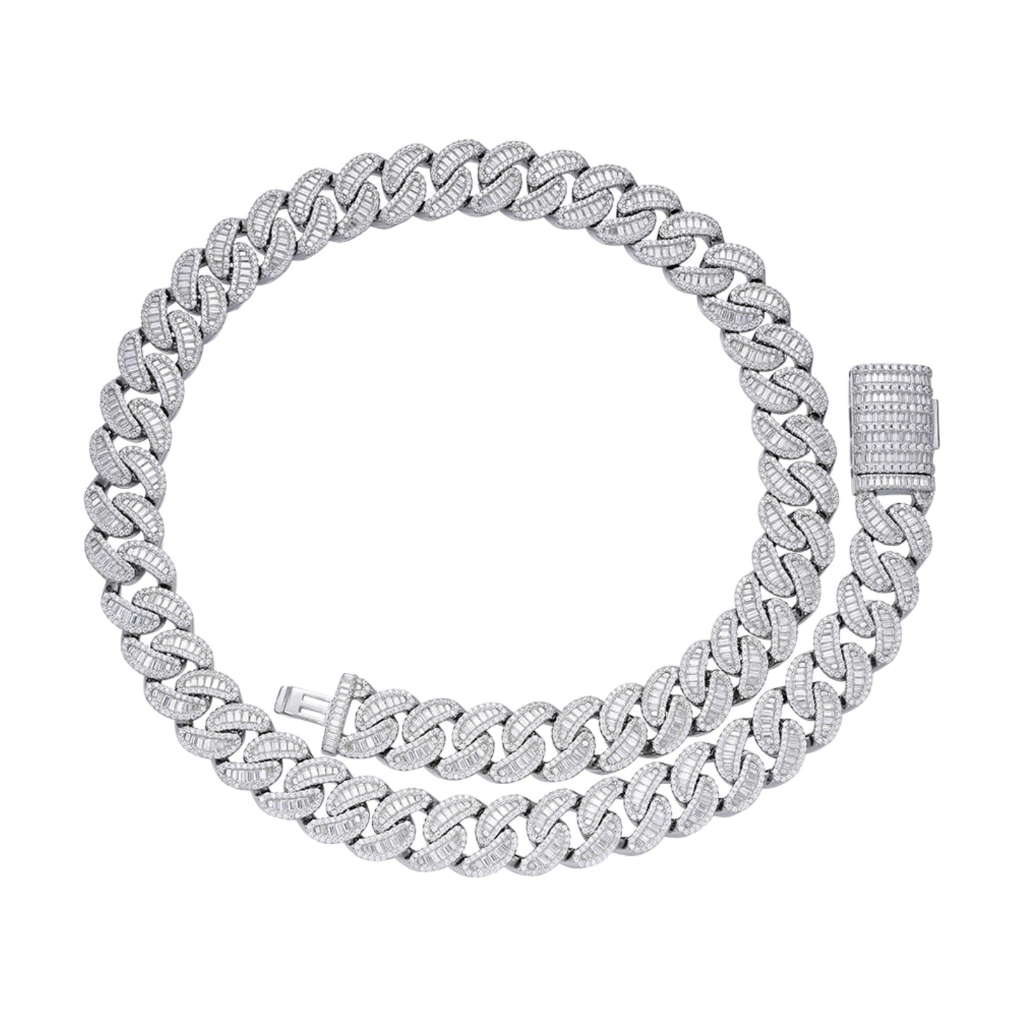 Sterling Silver Round 15mm Moissanite Round and Baguette in Centre Cuban 22 Inch Necklace RP 40-1/5 Cttw