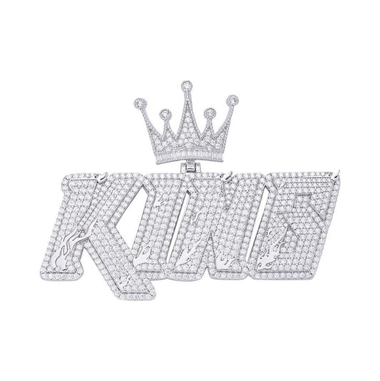 Sterling Silver Round Baguette Moissanite Crown KING Word Pendant RP 6-5/8 Cttw