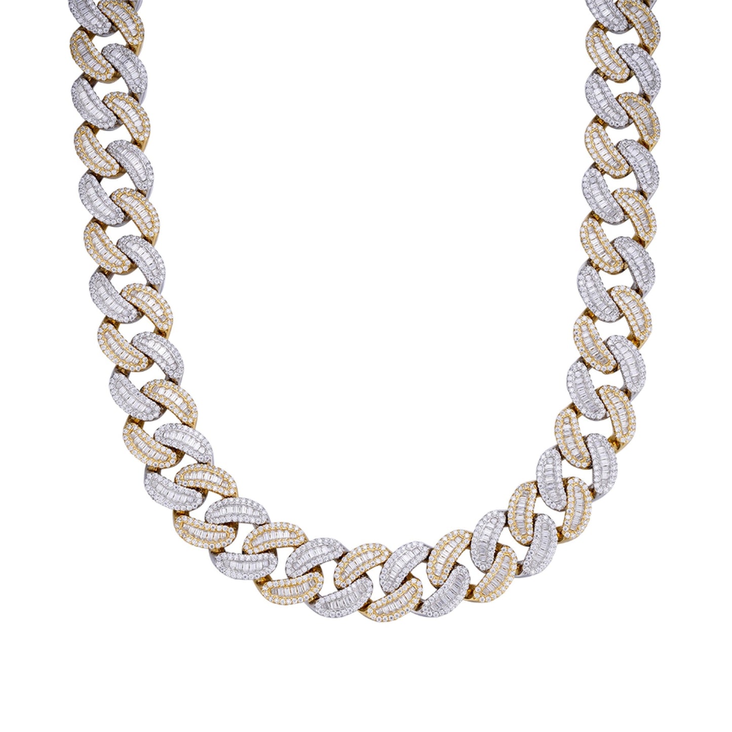 Sterling Silver Round 20mm Moissanite Round and Baguette in Centre Cuban 22 Inch Necklace RP+GP 61-3/4 Cttw