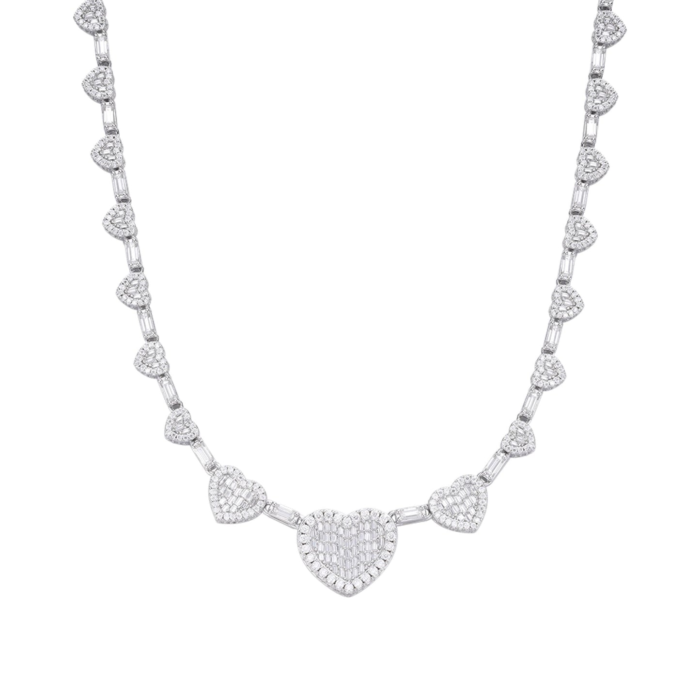 Sterling Silver Round Baguette Moissanite Heart Designer 18 Inch Necklace RP 14-5/8 Cttw