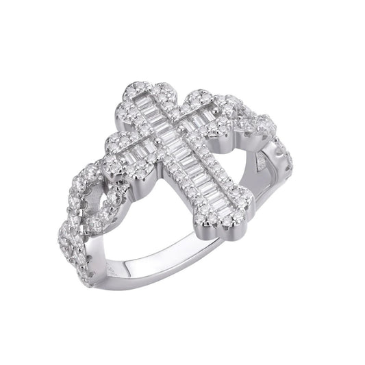 Sterling Silver Round Baguette Moissanite Cross Religious SZ 9 Ring RP 1-5/8 Cttw