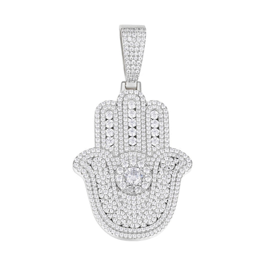 Sterling Silver Round Moissanite Hamza Hand Religious Pendant RP 4-3/8 Cttw