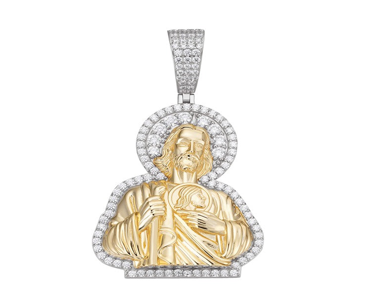 Sterling Silver 45mm Round Moissanite Jesus Religious Pendant RP+GP 3-3/4 Cttw