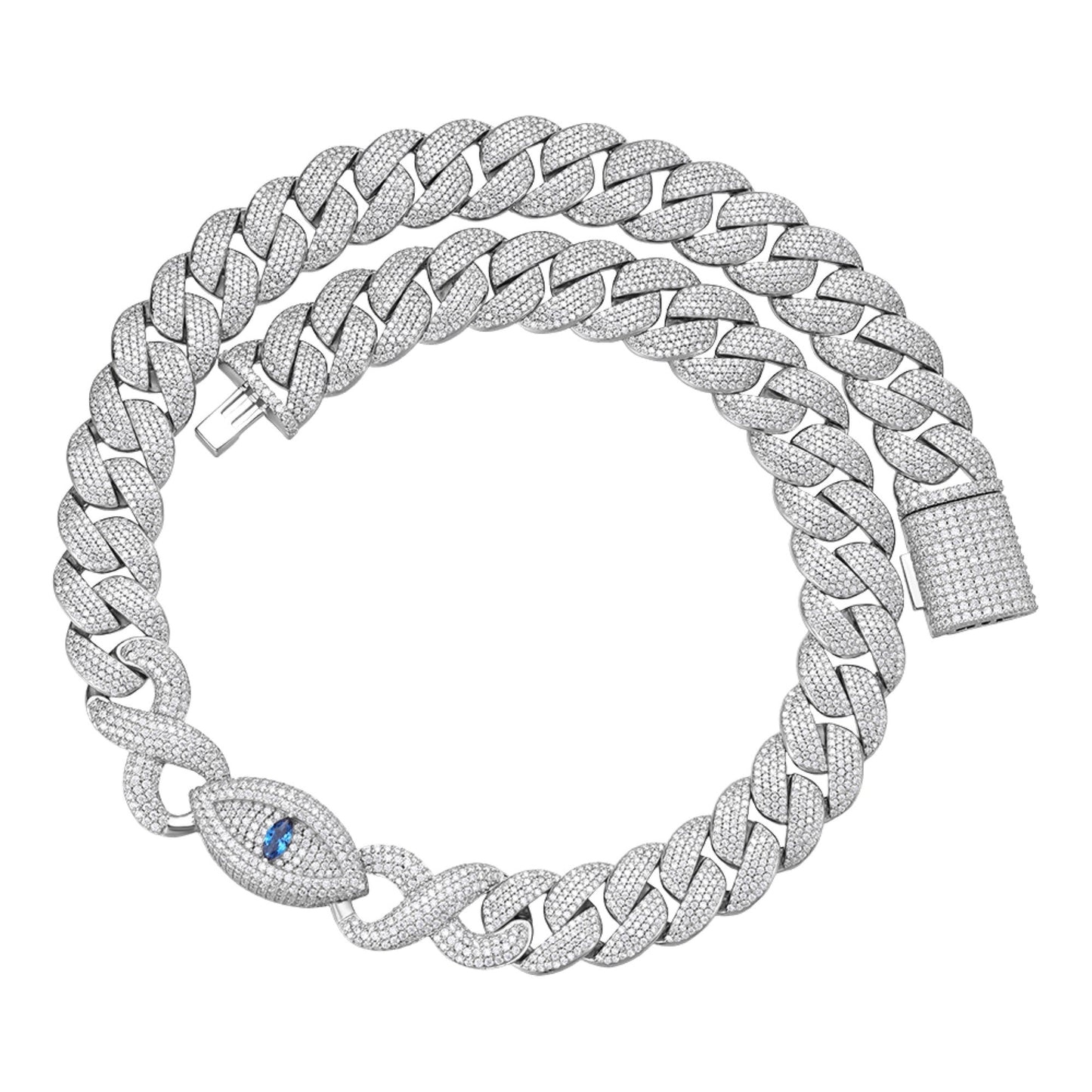 Sterling Silver Round Moissanite 18mm Inifinity Cuban With Evil Eye Designer 22 Inch Mens Necklace RP 35-3/4 Cttw