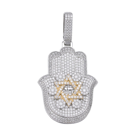 Sterling Silver Round Moissanite Hamza Hand Religious Pendant RP+GP 3-5/8 Cttw