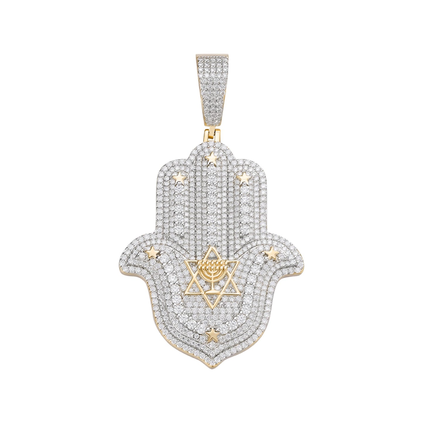 Sterling Silver Round Moissanite Hamza Hand Religious Pendant RP+GP 4-5/8 Cttw