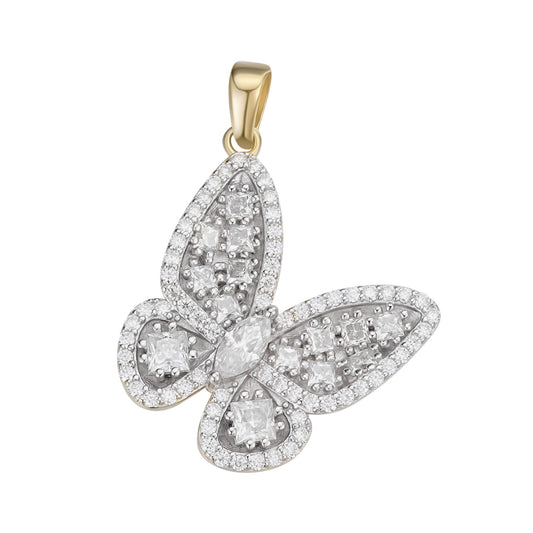 Sterling Silver Round Fancy Moissanite Butterfly Animal Pendant RP+GP 2-1/8 Cttw