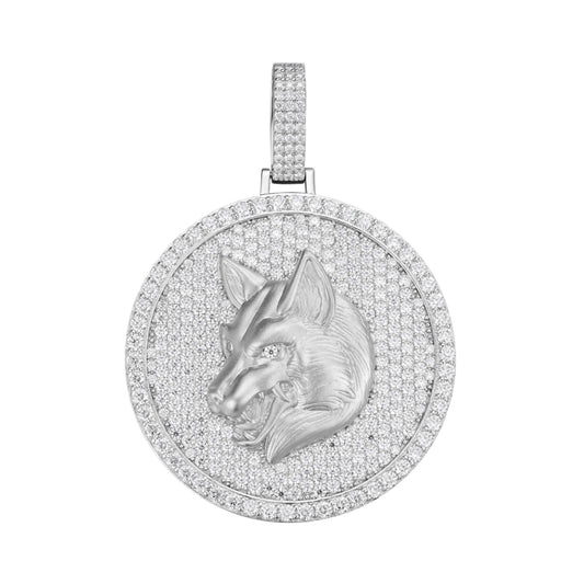 Sterling Silver Round Moissanite Wolf Animal Pendant RP 10-7/8 Cttw