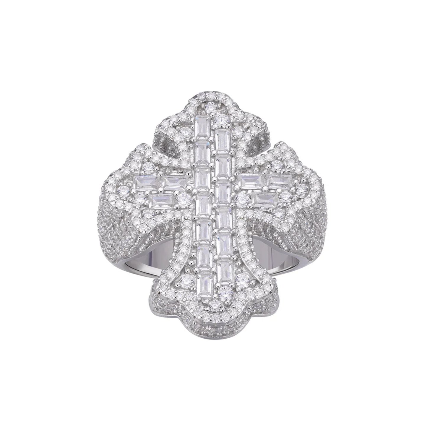 Sterling Silver Round Moissanite With White CZ Mens Cross Religious SZ 10 Ring RP 2-5/8 Cttw