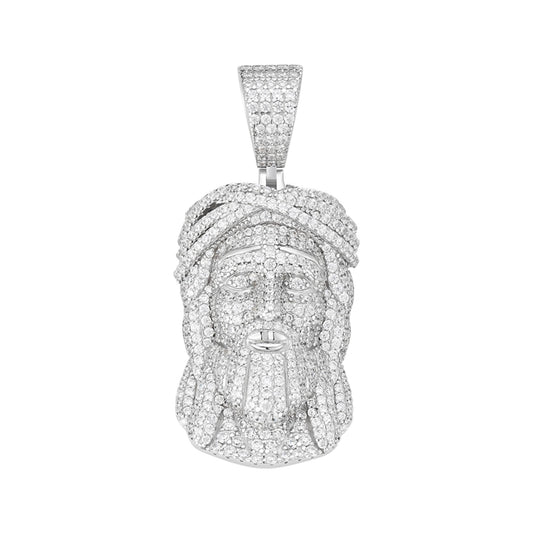 Sterling Silver Round Moissanite Jesus Religious Pendant RP 3-3/4 Cttw
