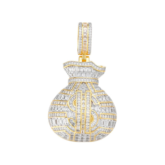 Sterling Silver Round Moissanite Dollar Bag Designer Pendant RP+GP 7-1/3 Cttw