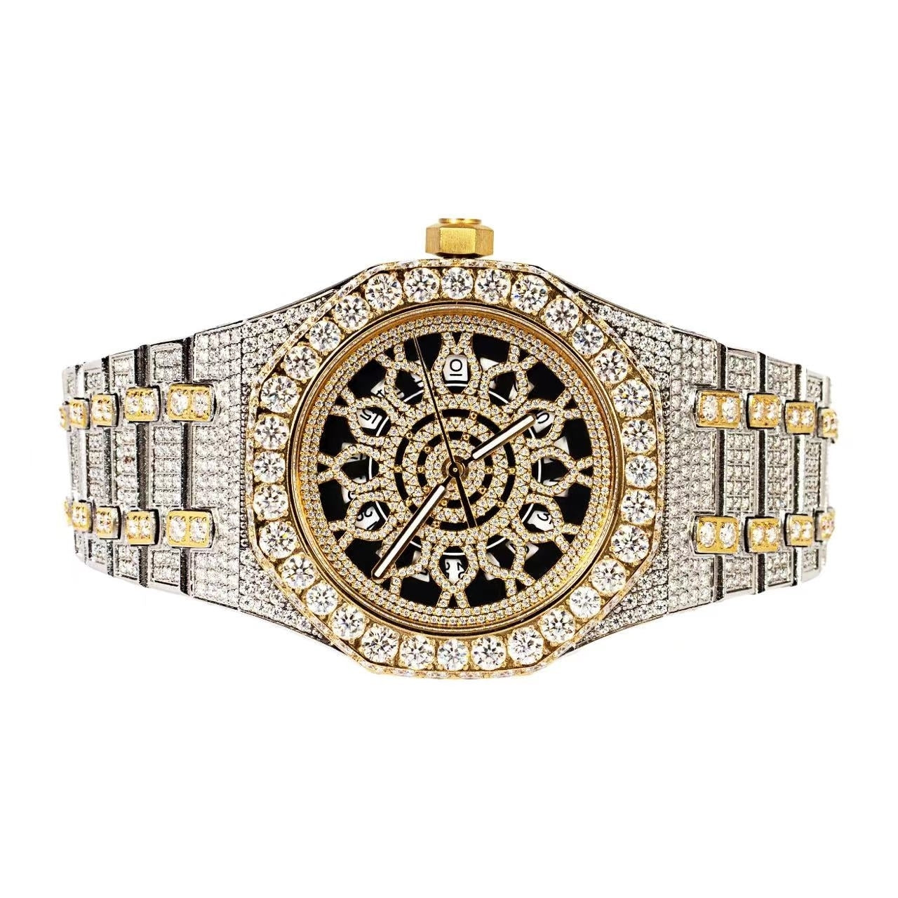 Moissanite Stainless Steel Two Tone Yellow Band Mens Watch