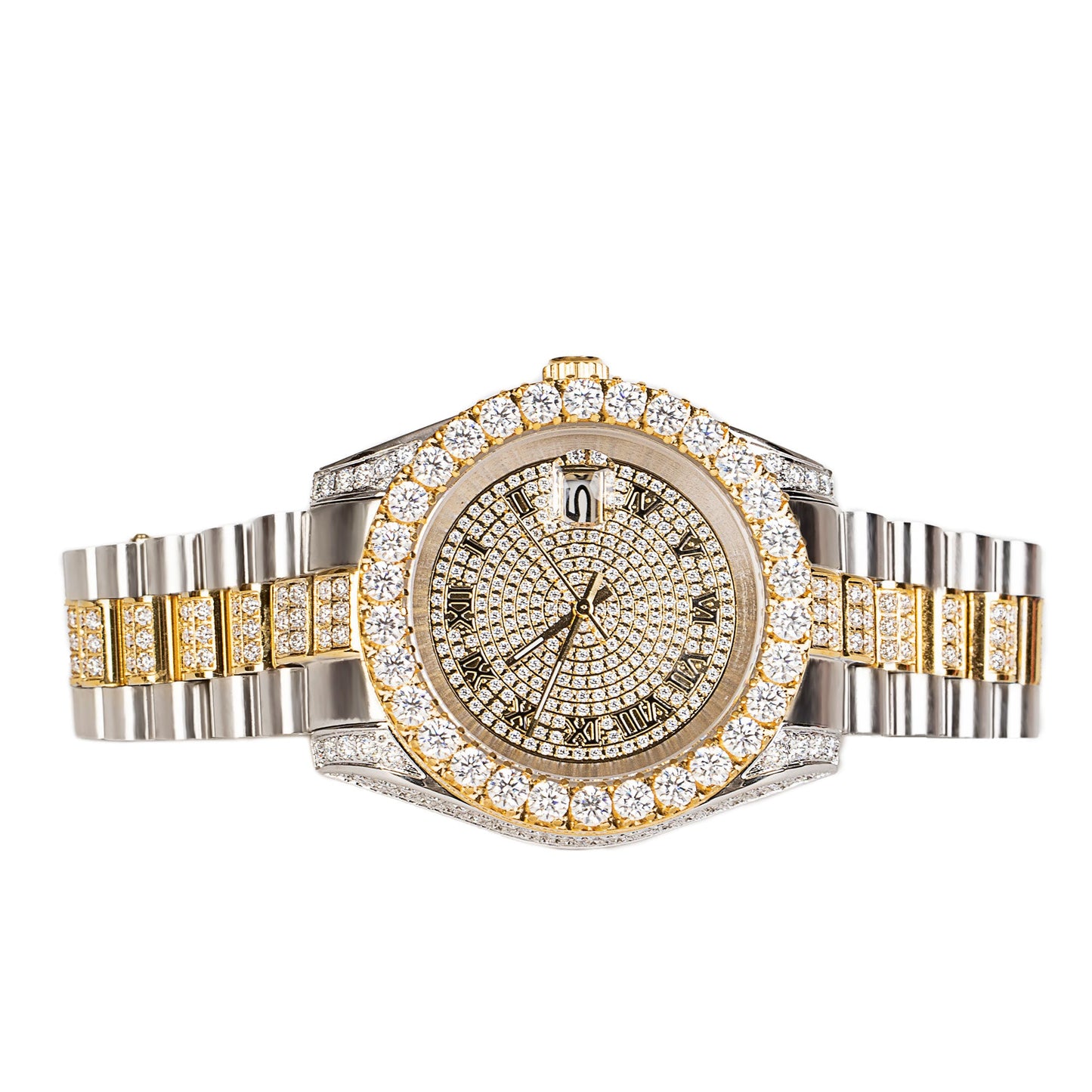 Moissanite Stainless Steel Mens Yellow White Two Tone Steel Band Watch