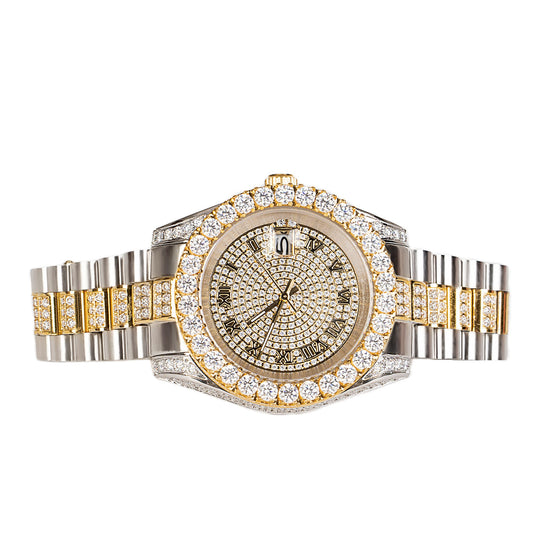 Moissanite Stainless Steel Mens Yellow White Two Tone Steel Band Watch