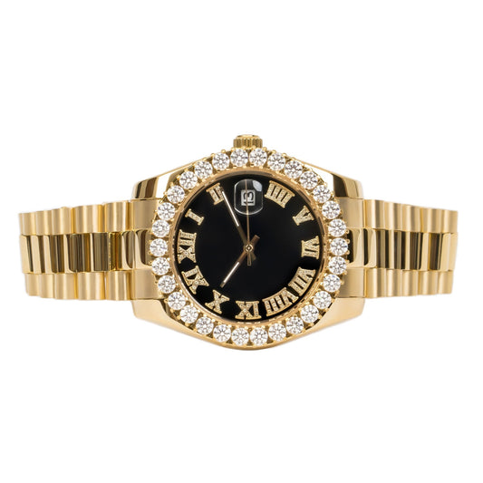 Moissanite Stainless Steel Black Dial Mens Yellow Steel Band Watch
