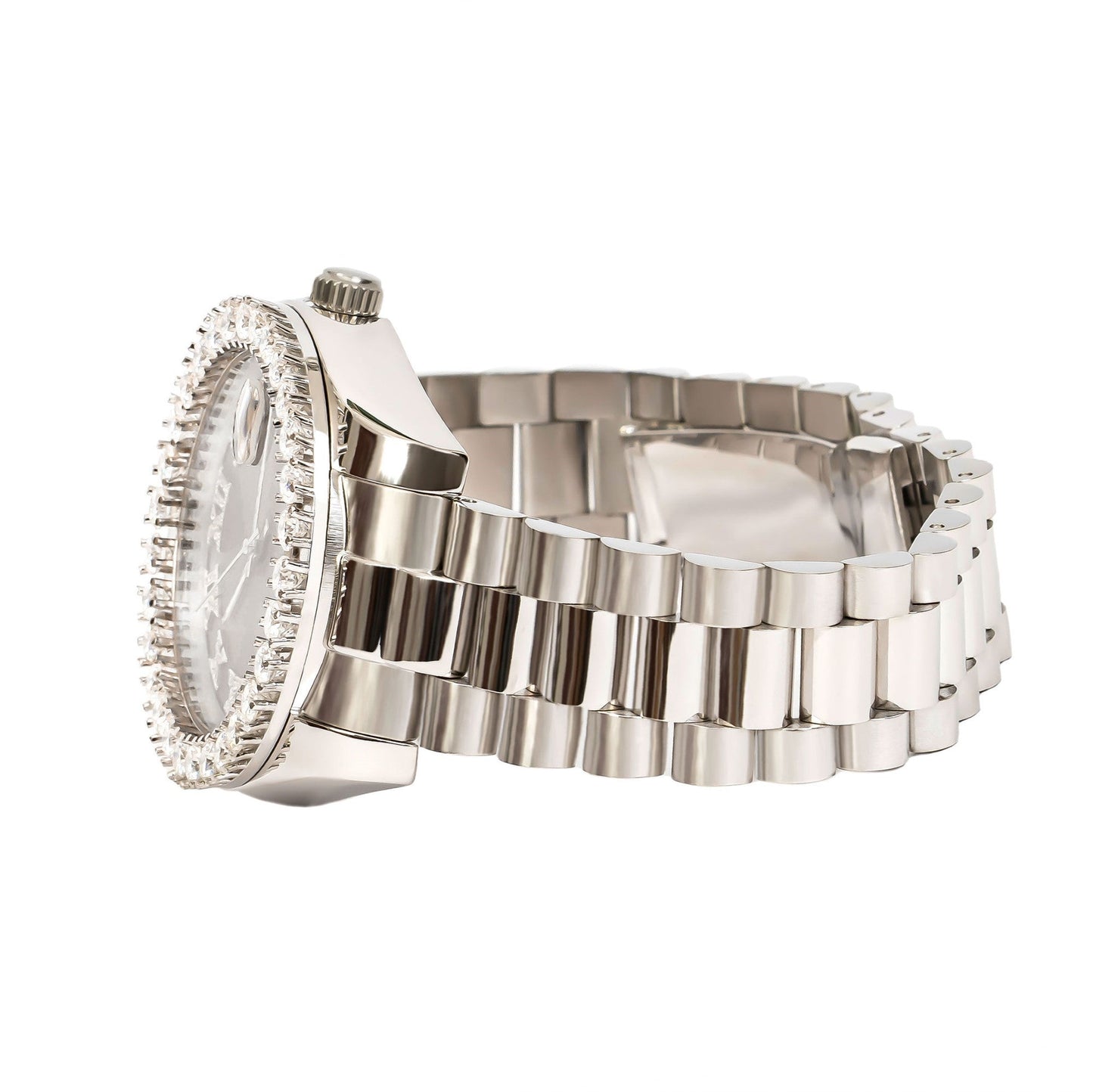 Moissanite Stainless Steel Silver Dial Mens White Steel Band Watch