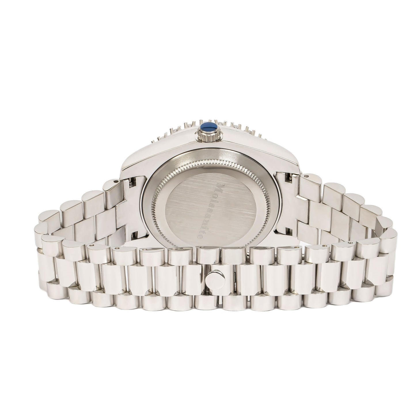 Moissanite Stainless Steel Blue Dial Mens White Steel Band Watch