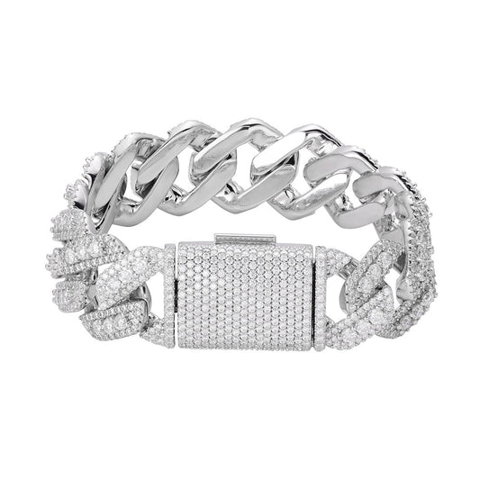 Sterling Silver Round Big Stone in Center Surrounded with Small Stones 20mm Moissanite Cuban Chain 8 Inch Bracelet RP 19-7/8 Cttw