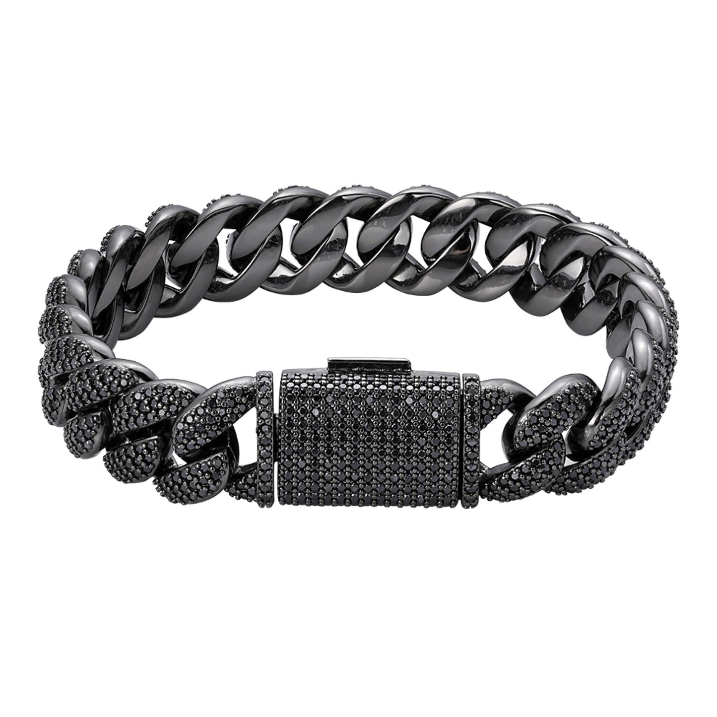Sterling Silver 15mm Round Black Moissanite Miami Cuban 8.5 Inch Mens Bracelet BP+BP 12-1/10 Cttw