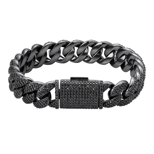 Sterling Silver 15mm Round Black Moissanite Miami Cuban 8.5 Inch Mens Bracelet BP+BP 12-1/10 Cttw