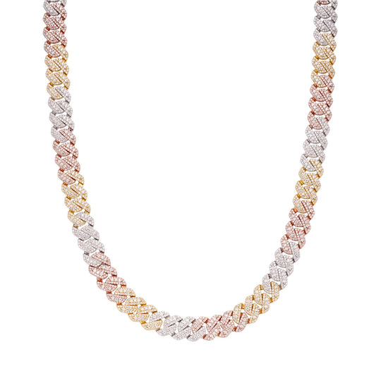 Sterling Silver Round Big Stone in Center Surrounded with Small Stones 10mm Moissanite Cuban Chain 22Inch Necklace RP+GP+PP 18-3/8 Cttw