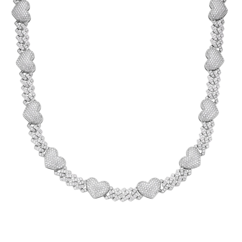 Sterling Silver Round Moissanite Cuban Heart Link Designer 18 Inch Necklace RP 15-1/2 Cttw