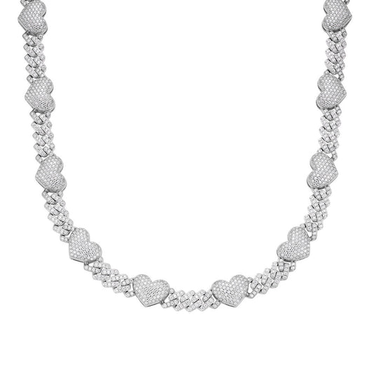 Sterling Silver Round Moissanite Cuban Heart Link Designer 18 Inch Necklace RP 15-1/2 Cttw