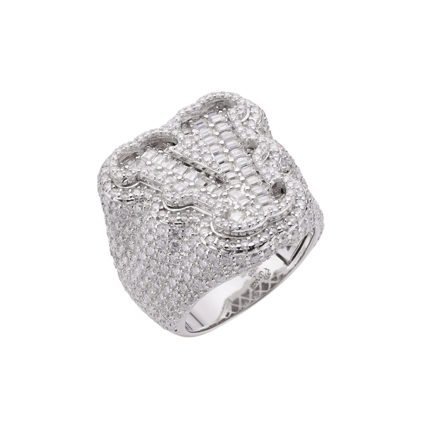 Sterling Silver Round Baugette Moissanite Albhabet V letter Initial SZ 10 Mens Ring RP 7-1/2 Cttw