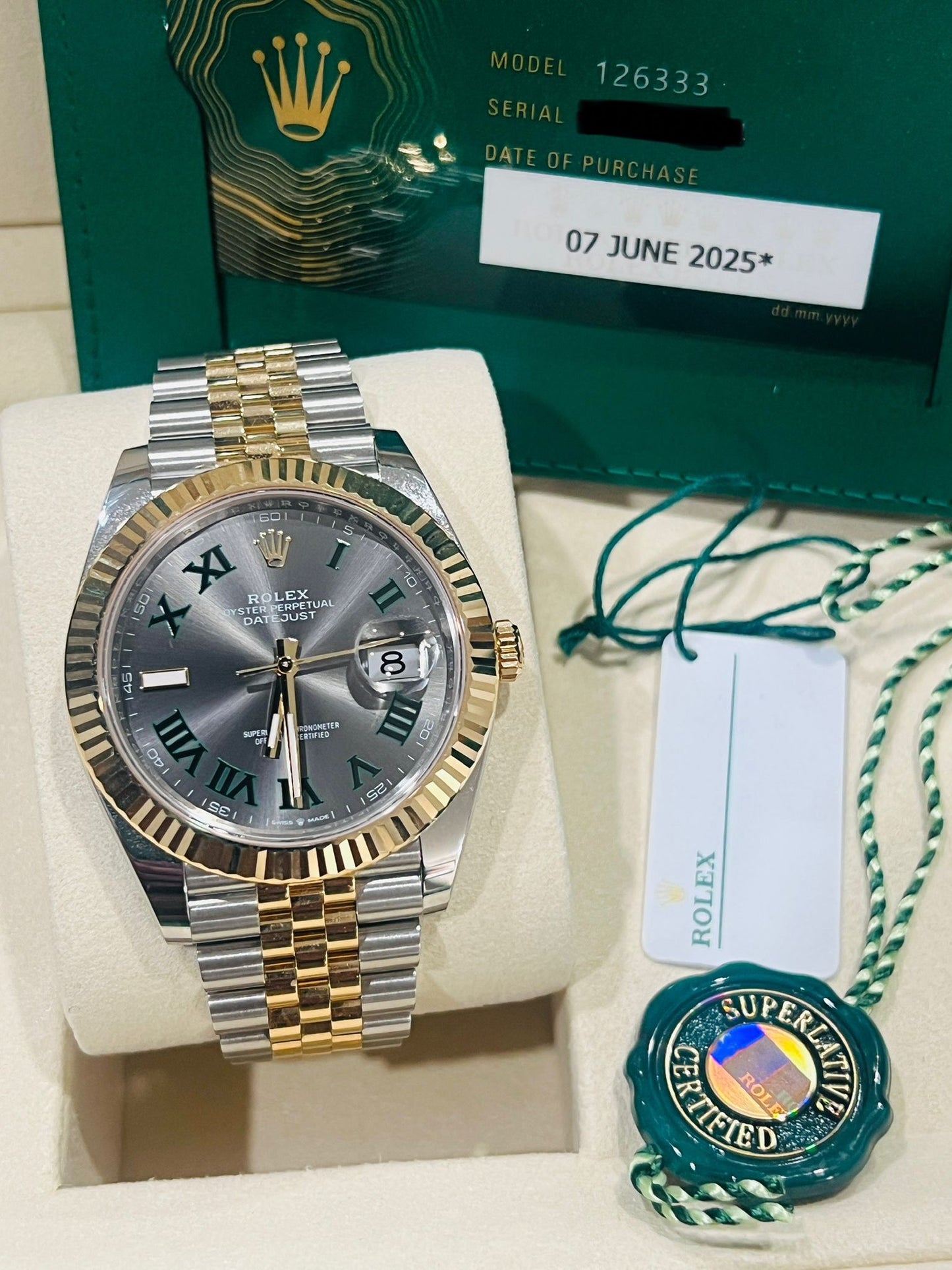 Rolex 41mm Ref 126333 Wimbeldon Datejust 2025 (Full Links) Box & Card