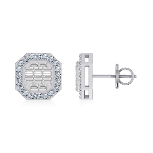 14K White Gold Round Baguette Diamond Designer Stud Earrings 1/2 Cttw