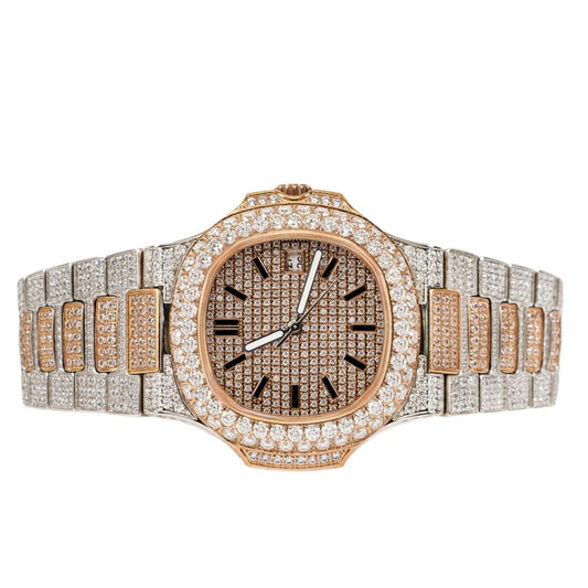 Moissanite Stainless Steel Rose Two Tone Band Mens Watch 18-1/3 Cttw