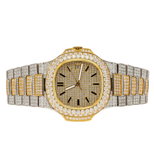 Moissanite Stainless Steel Yellow Two Tone Band Mens Watch 18-1/3 Cttw